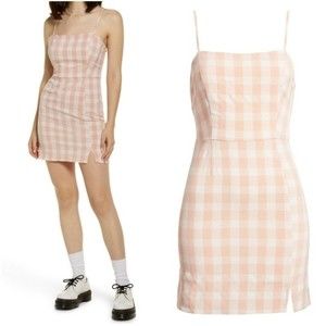 EUC BP. Womens Plaid Square Neck Mini Sundress Coral White Checkered Size M